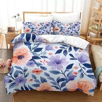 Фиолетовый Цветочный Принт Постельное Белье Спальный Гарнитур Пододеяльник с Наволочкой Комплект из Трех Предметов EU single 135*200