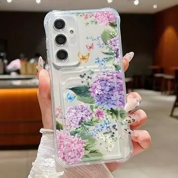 Фиолетовый цветочный принт прозрачный ударопрочный чехол для Samsung S24 FE S23 Ultra S22 A16 A15 A55 A54 A35 A34 A14 слот для карт мягкий силиконовый прозрачный чехол для телефона Samsung S24 серый
