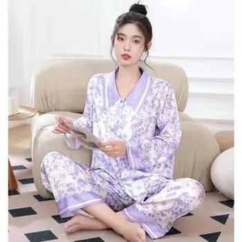 Фиолетовый цветочный стиль Удобная осенняя новая пижама для женщин Ice Silk Cool Повседневная домашняя одежда M