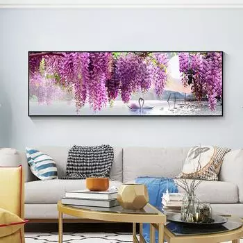Фиолетовый цветок дерево Лебединое озеро пейзаж картина скандинавский пейзаж природа холст настенная живопись печать скандинавское украшение 20x60cm