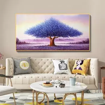 Фиолетовый цветок, дерево, пейзаж, картина, скандинавский пейзаж, природа, картина маслом, напечатанная на холсте, настенная живопись, скандинавское украшение 20x40cm