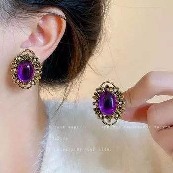 Фиолетовый драгоценный камень без отверстий, древний жемчуг, серьги-клипсы для женщин