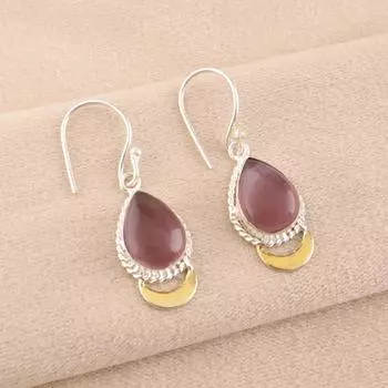 Фиолетовый камень Кошачий глаз Ювелирные изделия из стерлингового серебра 925 пробы Серьги ручной работы 1,5 EE-162-36