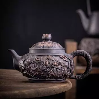 Фиолетовый керамический чайник, ручная резьба, керамический чайник, чайник, чайный сервиз в стиле кунг-фу, чистый чайник, чайник для чая пуэр