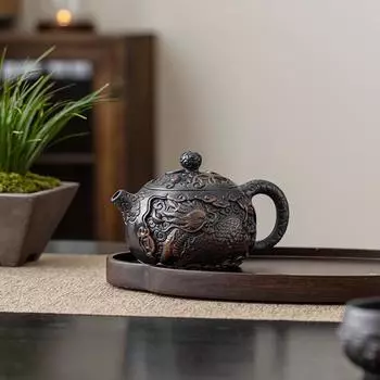 Фиолетовый керамический старинный чайник, резной чайник кунг-фу, устройство для приготовления чая пуэр, чайные наборы, подарки на день рождения для любимых, старших и друзей Three-piece Set