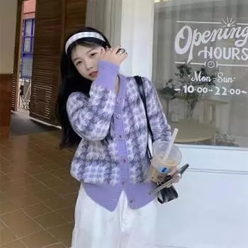 Фиолетовый клетчатый вязаный кардиган женский весна 2024 новый маленький ароматный стиль тысяча птиц сетка короткий свитер куртка S лавандовый
