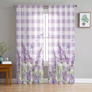 Фиолетовый Лавандовый Цветок Бабочка Фиолетовый Клетчатый Прозрачные Шторы Украшение Гостиной Оконная Штора Кухня Тюль Вуаль Шторы W135 x H115cm x1&Rod Pocket