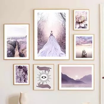 Фиолетовый лавандовый георгин с кристаллами для девочек, пляжная настенная живопись на холсте, постеры на скандинавскую тему и принты, настенные панно для декора гостиной A4 21X30cm No Framed