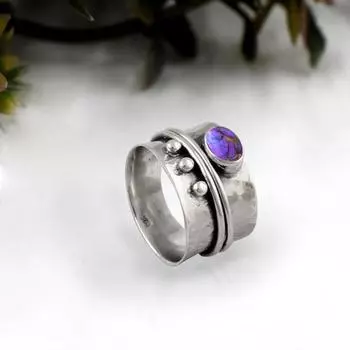 Фиолетовый Медь Бирюзовый Драгоценный Камень Серебряный Спиннер Кольцо Медитации Стерлингового Серебра 925 Кольцо для большого пальца - Серебряное Кольцо Подарок Для Женщин - 6,1 Гм приблизительно 5