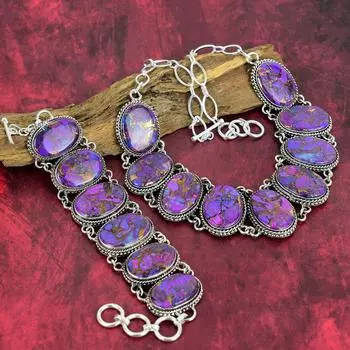 Фиолетовый медный бирюзовый драгоценный камень 925 пробы, комплект ювелирных изделий из стерлингового серебра, браслет ручной работы и ожерелье, комплект ювелирных изделий для свадебного подарка Adjustable With 8 -18 фиолетовый