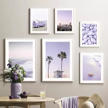 Фиолетовый настенный художественный постер и принт, пляжный винтажный автомобиль, галька, волна, цветок, холст для гостиной 21cm30cm NoFrame