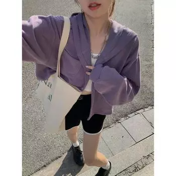 Фиолетовый новый свитер с капюшоном и длинными рукавами для женщин, свободный короткий ленивый стиль, вязаный кардиган, топ S