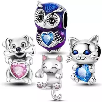 Фиолетовый Подвески в виде совы, бусины из стерлингового серебра 925 пробы, милый кот, собака, кулон в форме сердца, браслет Fitnew, женские оригинальные украшения своими руками