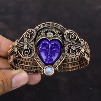 Фиолетовый резной браслет из кости для лица, браслет-манжета с драгоценным камнем, медная проволока, регулируемый браслет-манжета, ювелирные изделия ручной работы, браслет из радужного лунного камня