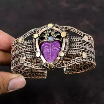 Фиолетовый резной браслет с лицом из кости, медная проволока, манжета, браслет с радужным лунным камнем, регулируемый браслет, ювелирные изделия ручной работы с драгоценными камнями, подарок для него