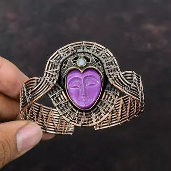 Фиолетовый резной браслет с лицом из кости, медная проволока, браслет-манжета, браслет с радужным лунным камнем, регулируемый браслет ручной работы с драгоценными камнями для подарка