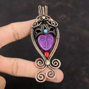 Фиолетовый резной кулон из кости с драгоценным камнем для лица, медная проволока, обернутая кулоном, коралловый и бирюзовый кулон, медная проволока, обернутая ювелирными изделиями, подвески ручной работы