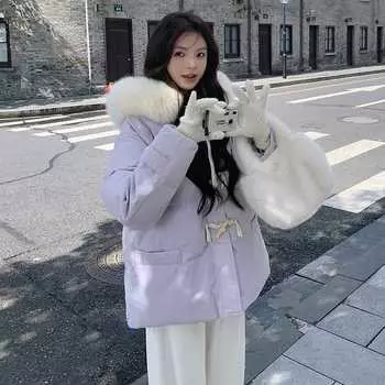 Фиолетовый роговой пух хлопковая подкладка одежда зимняя новая корейская версия свободный меховой воротник утолщенный хлеб хлопковая подкладка куртка S чёрный