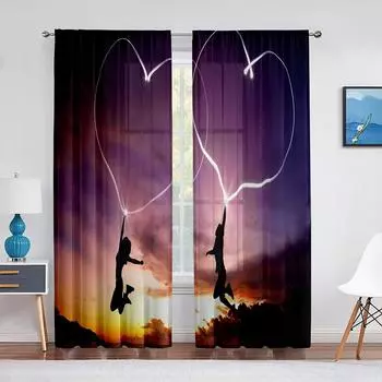 Фиолетовый Романтичный Силуэты Молодых Пар Тюль Оконные Шторы Гостиная Любовь Сердца Прозрачная Вуаль Шторы Спальня Кухня Декор 1 PCS W100XH250cm&Rod Pocket