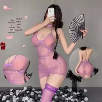 Фиолетовый сексуальный комплект ночной одежды чонсам в китайском стиле со шнуровкой One Size