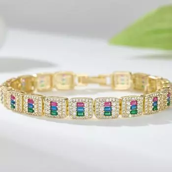 Разноцветный кубический цирконий 14 карат позолоченный женский браслет 18 см фиолетовый синий зеленый циркон медные браслеты разноцветный
