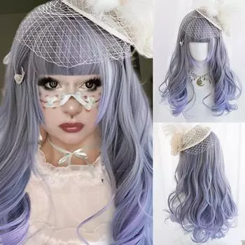 Фиолетовый смешанный цвет большой волны синтетический парик женский Хэллоуин смешной пушистый прямой челка смешанный цвет большой волны длинные волосы парик 60cm
