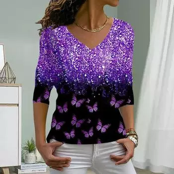 Фиолетовый сверкающий принт с бабочками женские футболки женские топы с длинным рукавом V-образный вырез пуловер женские футболки футболка для женщин XS синий