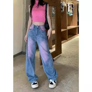 Фиолетовый тай-дай, женские джинсы, джинсовые брюки, одежда в корейском стиле, модная уличная одежда 2023 года в стиле Харадзюку, летняя одежда с высокой талией y2k S синий