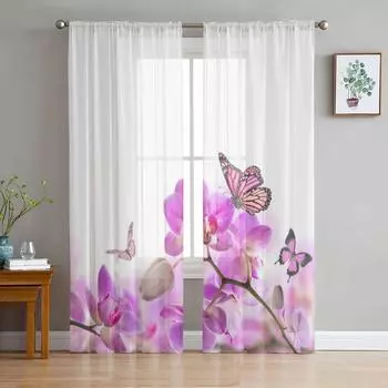 Фиолетовый Тюль с орхидеей и бабочкой, прозрачные оконные шторы для гостиной, спальни, современная шифоновая вуаль, тканевые шторы 135W x 114H(cm)