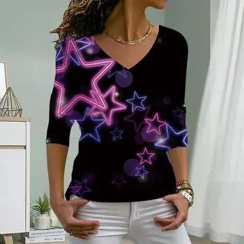 Фиолетовый Звездный Принт Женские Футболки Женские Топы Длинные Рукава V-образный Вырез Пуловер Femme Футболки Футболка Для Женщин XS красный