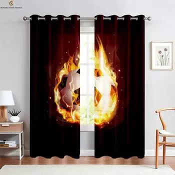 Fire Breaking Wall Football Creative 3d Printing Curtains Suitable For Bedroom Boy Room Study Room Decorative Curtains 2 Pieces W50xH130(CM)x2PCS&Grommet Top
