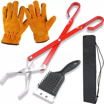 Fire Shears Tongs Barbecue Charcoal Firewood Camping Scissors Leather Gloves Mittens nda-style (Red)
