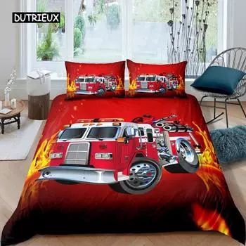 Firefighter Truck Duvet Cover Set Kids Firemen Car Vehicle Bedding Set for Boys Fire Engine Pattern King Size Comforter Cover US Queen(228x228cm)