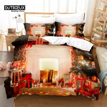Fireplace Christmas Bedding Set, 3Pcs Duvet Cover Set, Soft Comfortable Breathable Duvet Cover, For Bedroom Guest Room Decor EU single(135x200cm)