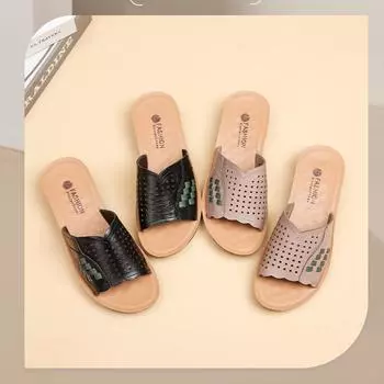 First layer cowhide cool slippers women s word belt comfortable flat bottom leather women s middle-aged mother non-slip leather women s maternity sh 35 чёрный