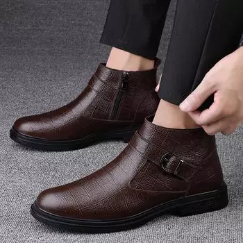 First layer cowhide Martin boots men s autumn and winter new British medium and high-top leather shoes velvet cotton leather boots zipper short boots 38