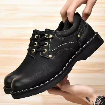 First layer cowhide men s shoes casual shoes genuine leather men s fashion non-slip and wear-resistant retro tooling big head shoes 38 чёрный