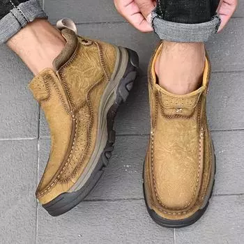 First layer cowhide men s shoes winter cotton shoes cold-proof and velvet warm high-top shoes soft sole non-slip casual outdoor hiking shoes 38 чёрный