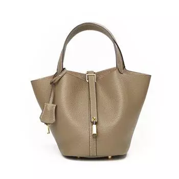 First Layer Cowhide Niche Handbag High Version Vegetable Basket Bag Genuine Leather Large Capacity High-end Sense Exquisite Bucket Bag Elephant Grey Gold Buckle