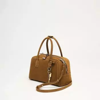 First Layer Cowhide Retro Shoulder Satchel Boston Bag Yellow Brown