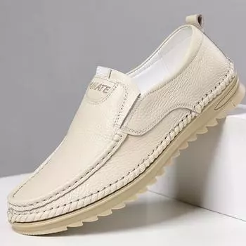 First layer cowhide shoes men s summer new business men s casual shoes soft sole comfortable driving shoes middle-aged and elderly father shoes 38 бежевый
