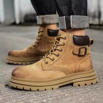 First layer pigskin Martin boots men s 2025 new autumn and winter retro British style high-top big yellow boots men s tooling boots 39