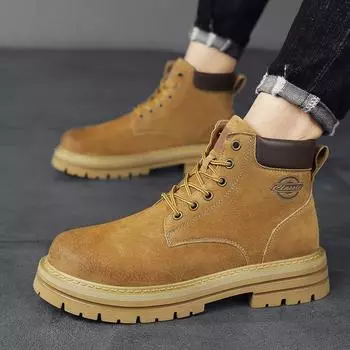 First layer pigskin rhubarb boots men s boots genuine leather British trend tooling boots autumn and winter high-top shoes short Martin boots 39