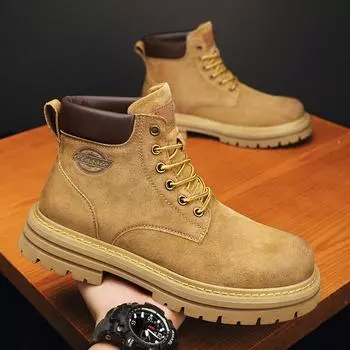 First layer pigskin rhubarb boots men s boots genuine leather British trend tooling boots autumn and winter high-top shoes short Martin boots 39