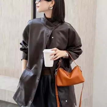 First layer vegetable tanned cowhide hand bag 2025 new niche design retro pillow bag single shoulder crossbody lunch box soft bag 22-14-8cm чёрный
