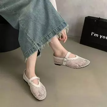 Fish grid hollow ballet shoes women s summer new round head casual women s shoes fashion belt buckle single shoes 35