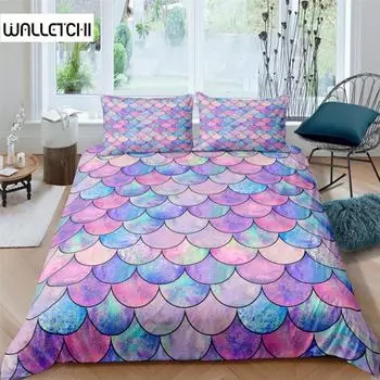 Fish Scales Duvet Cover Set Bedding Set Colorful Mermaid Scale Quilt Cover Pillowcase Queen Size Girls 2/3pcs Comforter Cover EU single(135x200cm)