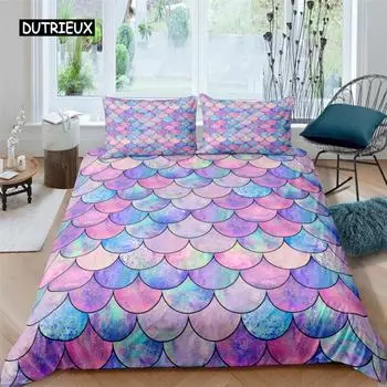 Fish Scales Duvet Cover Set Bedding Set Colorful Mermaid Scale Quilt Cover Pillowcase Queen Size Girls 2/3pcs Comforter Cover EU single(135x200cm)