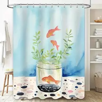 Fishbowl Bath Curtain Blue Background with Greenery Goldfish Decorations for Bathroom Waterproof Fabric Shower Cover in Multiple W90xH180cm
