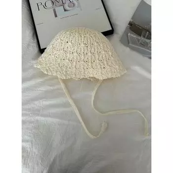 Fisherman Hat Women 2025 Spring Summer New Knitted Hollow Bucket Hat Breathable Sun Protection Lace-up Straw Hat Make Your Face Look Smaller White 54-58cm-free size